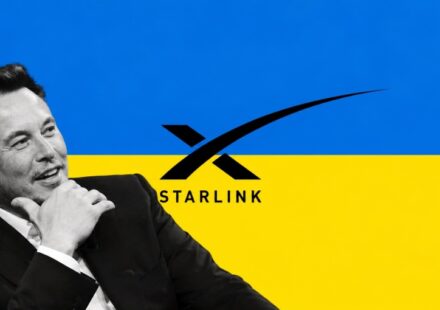 bnePeople US UKraine Elon Musk Starlink logo company with Ukraine falg background AI