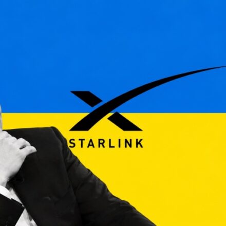 bnePeople US UKraine Elon Musk Starlink logo company with Ukraine falg background AI