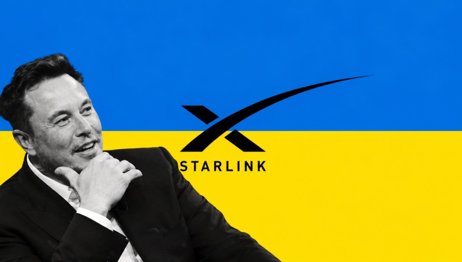 bnePeople US UKraine Elon Musk Starlink logo company with Ukraine falg background AI